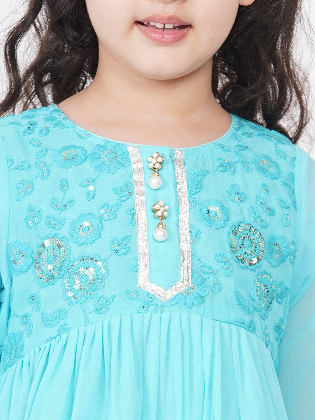 Girls Gotta Patti work Kurta frock with Sharara and Dupatta - Sky Blue | SHOBITAM