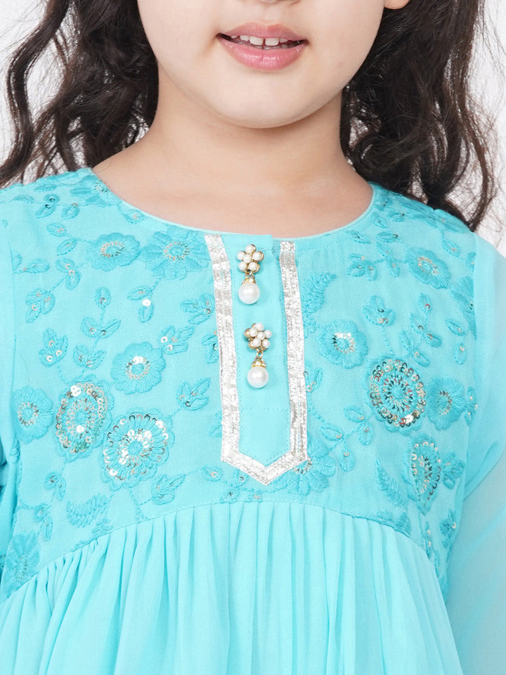 Girls Gotta Patti work Kurta frock with Sharara and Dupatta - Sky Blue | SHOBITAM