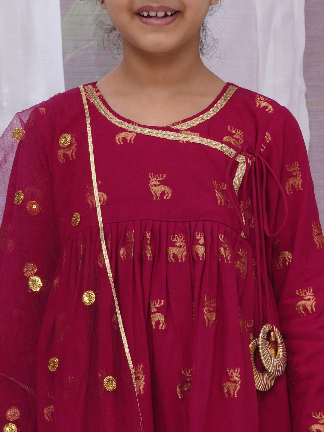 Girls Cotton Three Fourth Sleeves Angrakha Kurta with Sharara and Net Dupatta with Deer Design Zari Work - Rose Red | SHOBITAM