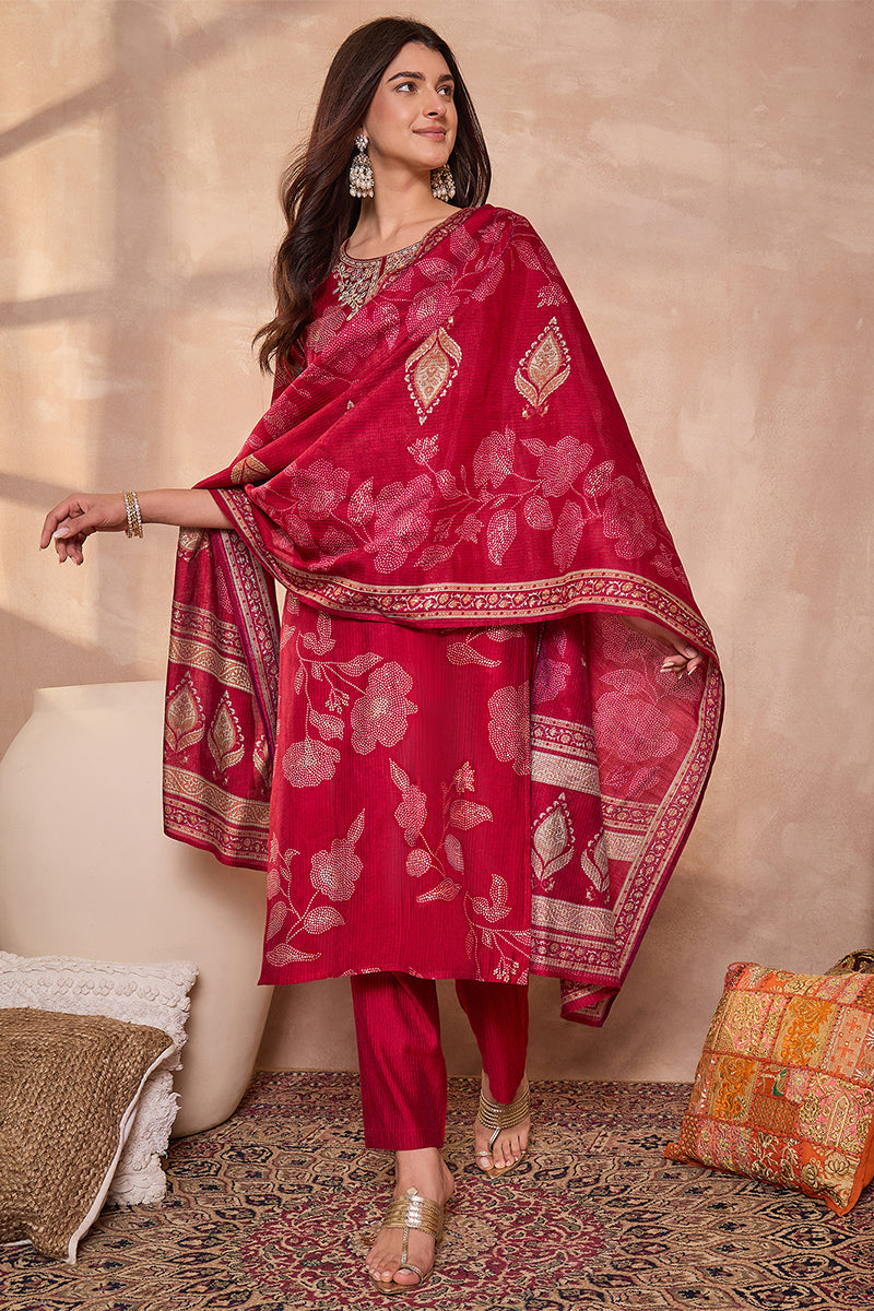 Pink Silk Blend Floral Printed Straight Kurta Trouser With Dupatta | SHOBITAM
