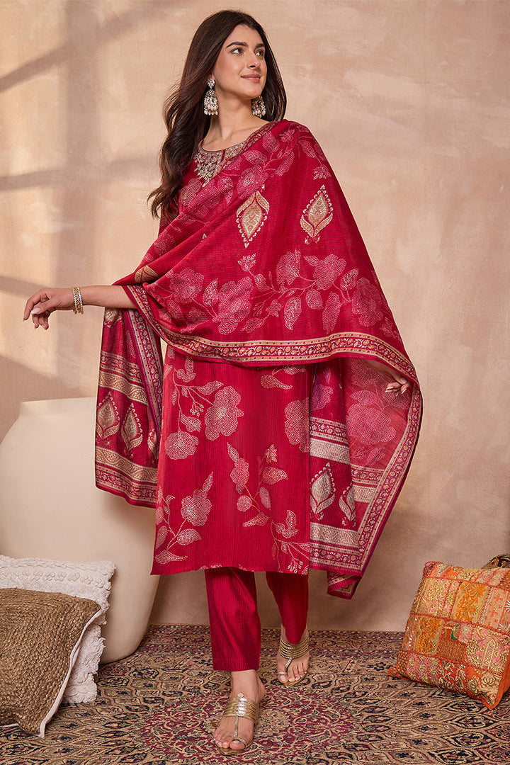 Pink Silk Blend Floral Printed Straight Kurta Trouser With Dupatta | SHOBITAM