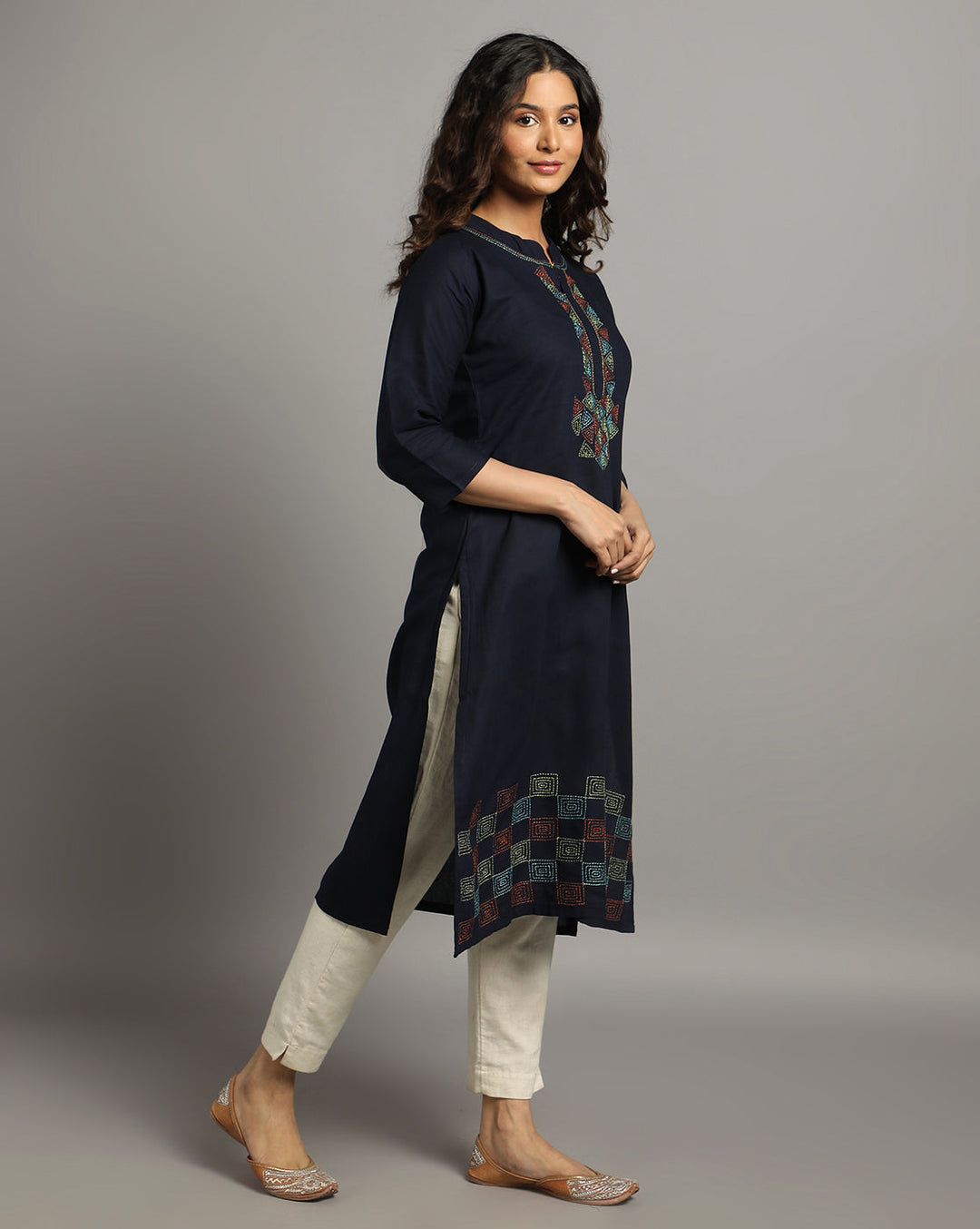 Navy Kantha Cotton Kurta | SHOBITAM
