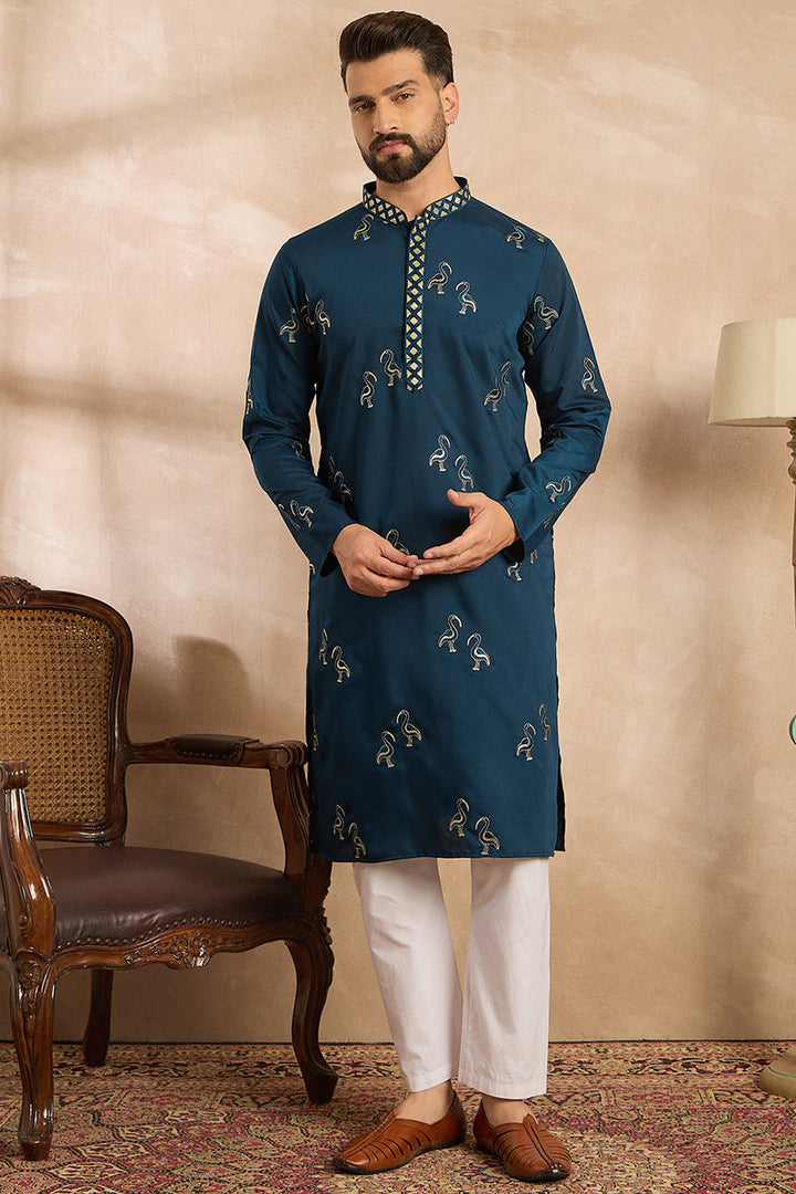 Navy Blue Silk Blend Solid Embroidered Straight Kurta With Trouser For Men | SHOBITAM