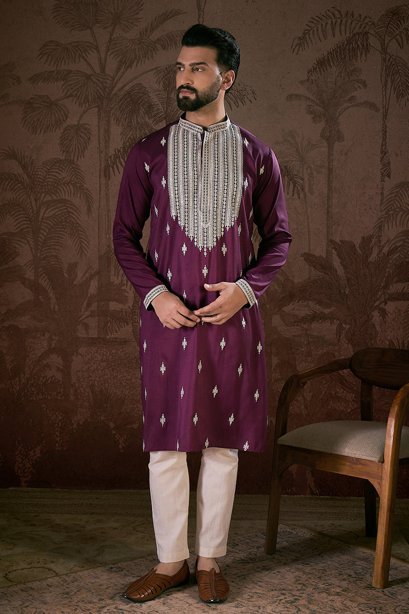 Purple Silk Blend Solid Embroidered Straight Kurta | SHOBITAM