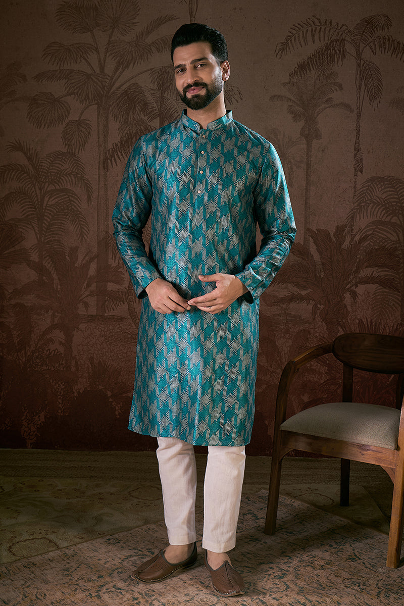 Turquoise Blue Silk Blend Chevron Printed Straight Kurta With Trouser | SHOBITAM