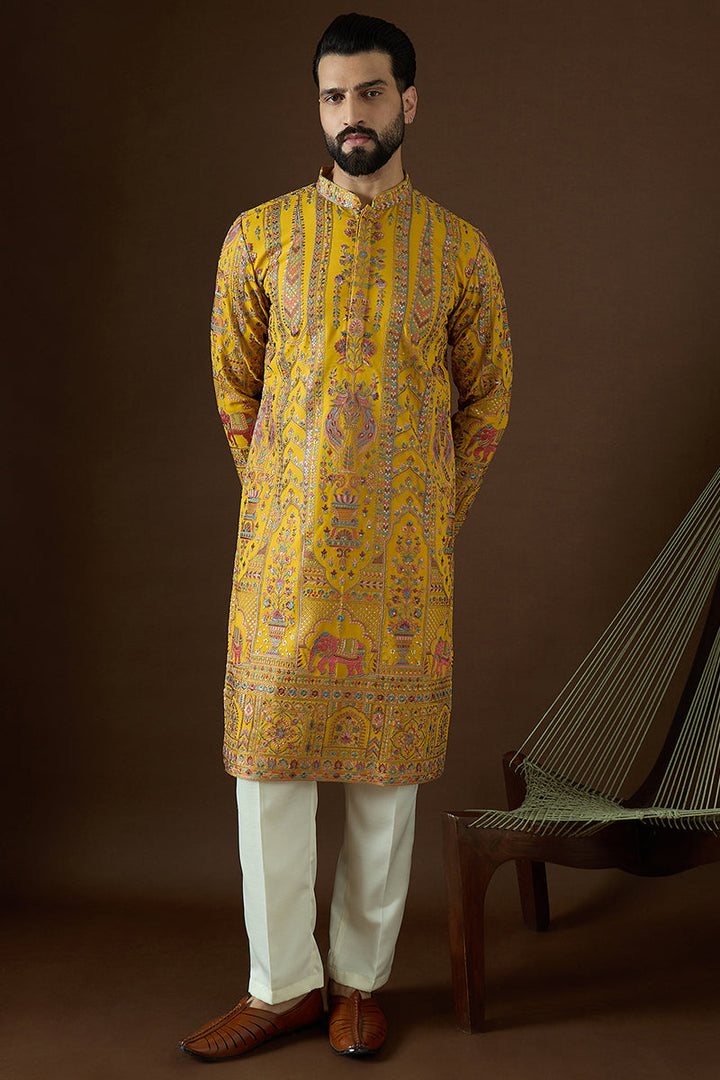 Yellow Georgette Solid Embroidered Straight Kurta| SHOBITAM