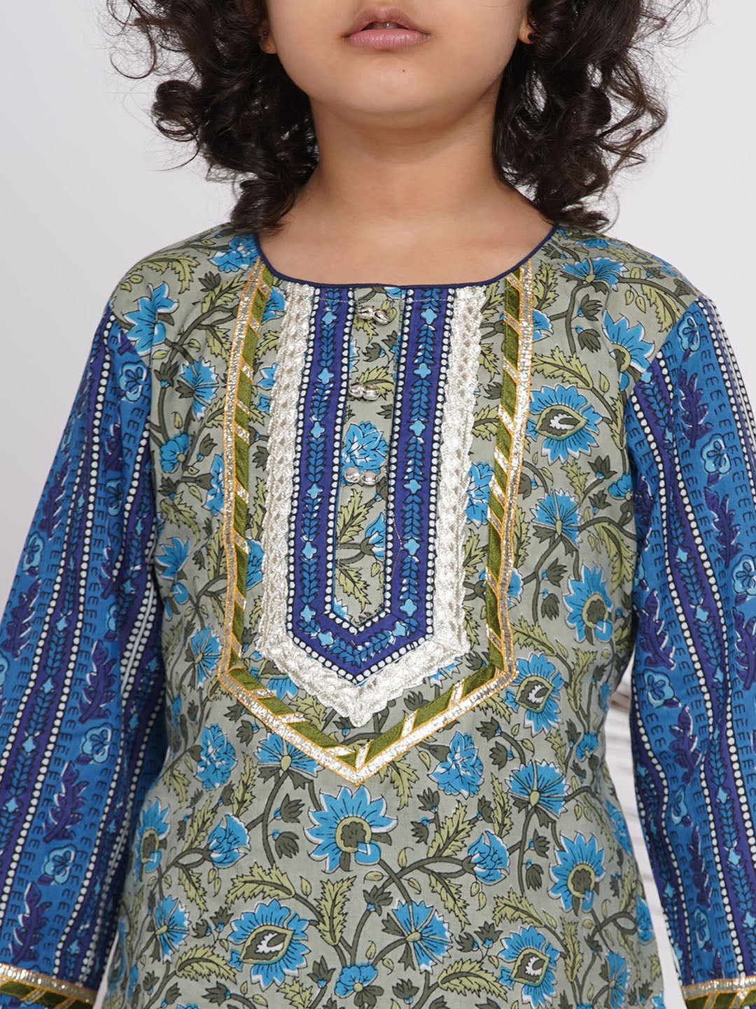 Girls Lacework Floral Kurta with Sharara and Dupatta in Indigo Blue and Green | SHOBITAM