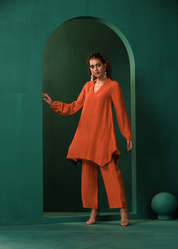 Rust Silk Collar Co-ord Set | SHOBITAM