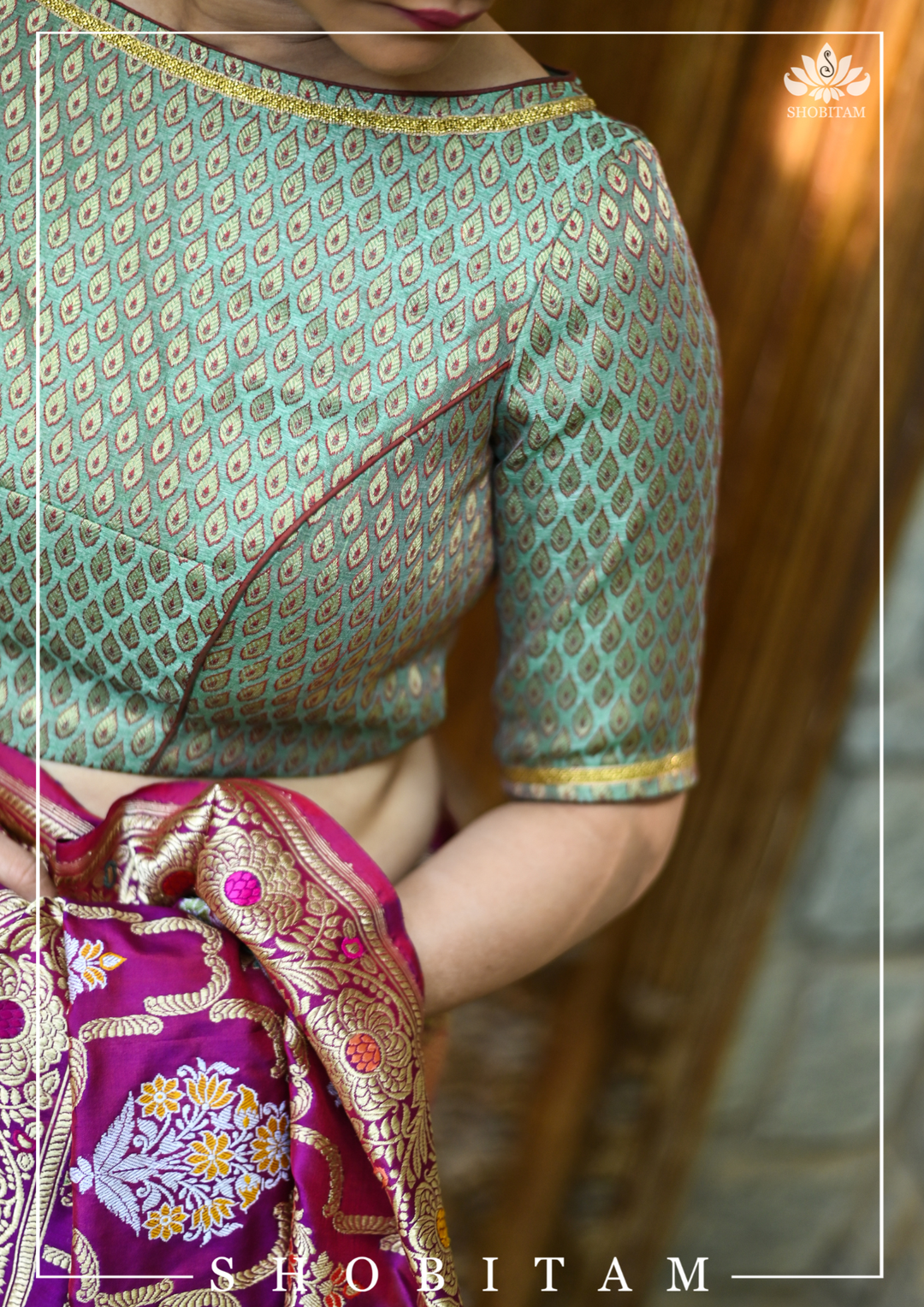 Teal Banarasi Meenakari Buti Brocade Blouse with tie back base