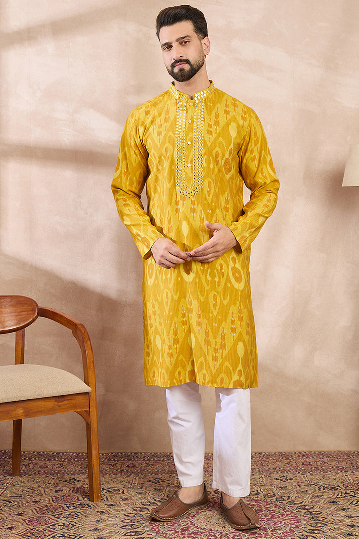 Yellow Viscose Rayon Chevron Printed Straight Kurta For Men | SHOBITAM