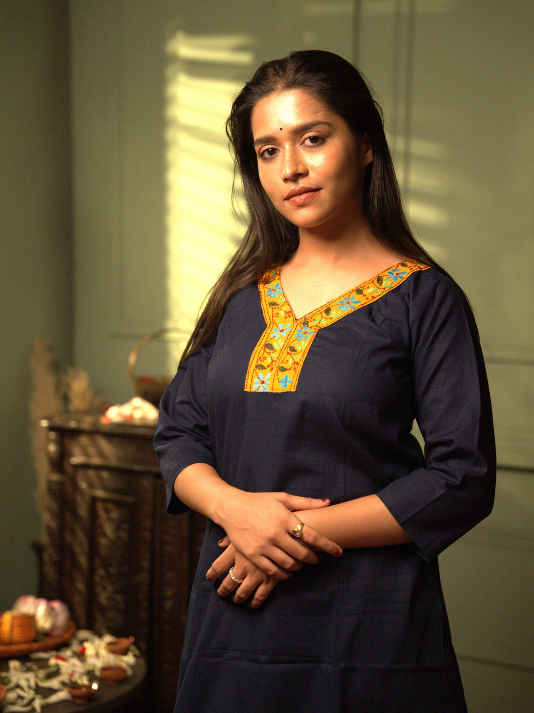 Dark Blue Kantha Cotton Kurta | SHOBITAM