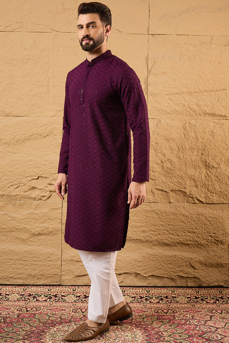 Purple Viscose Rayon Solid Embroidered Straight Kurta | SHOBITAM