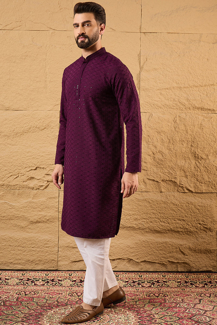 Purple Viscose Rayon Solid Embroidered Straight Kurta | SHOBITAM