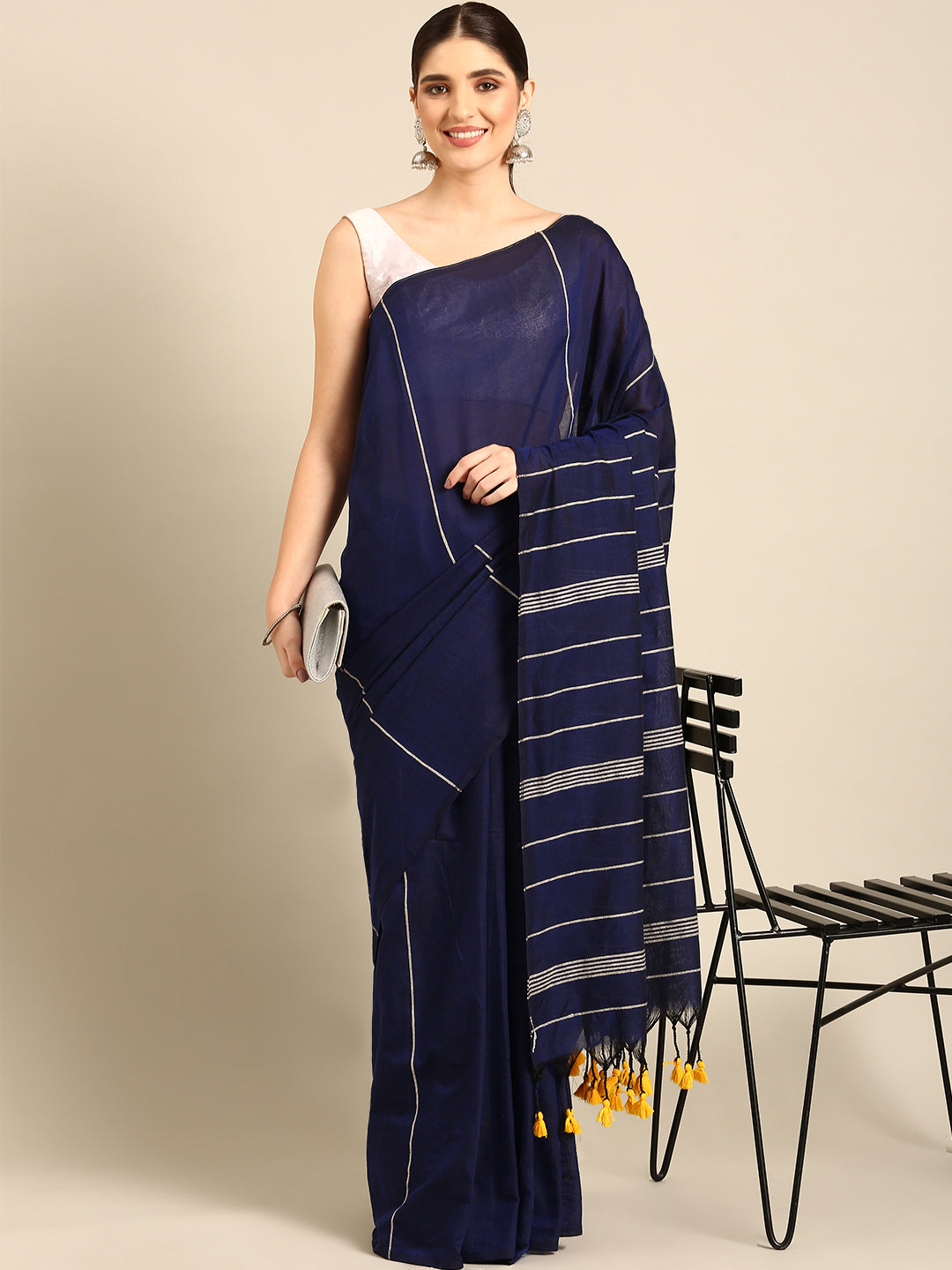 Blue Pure Cotton Saree with Long Tassels and Blouse piece