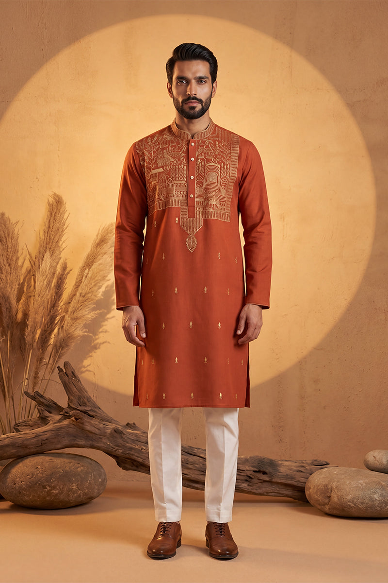 Mens Orange Silk Blend Solid Emboidered Straight Kurta With Trouser | SHOBITAM