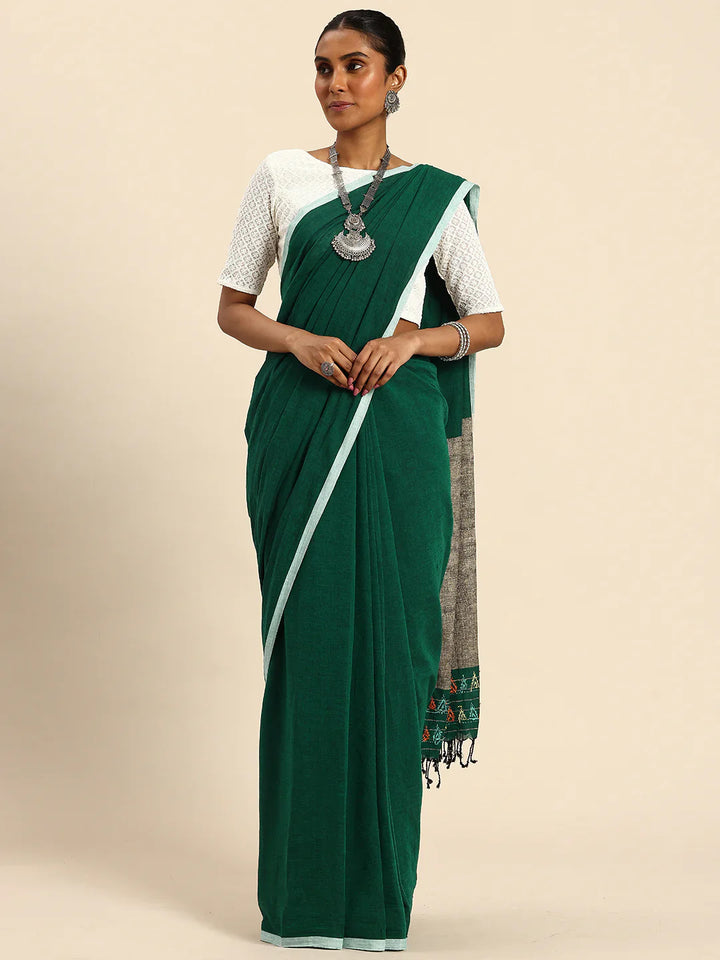 Dark Green 100% Cotton Handloom Saree with Kantha Embroidery on Ghicha Pallu and Blouse Piece