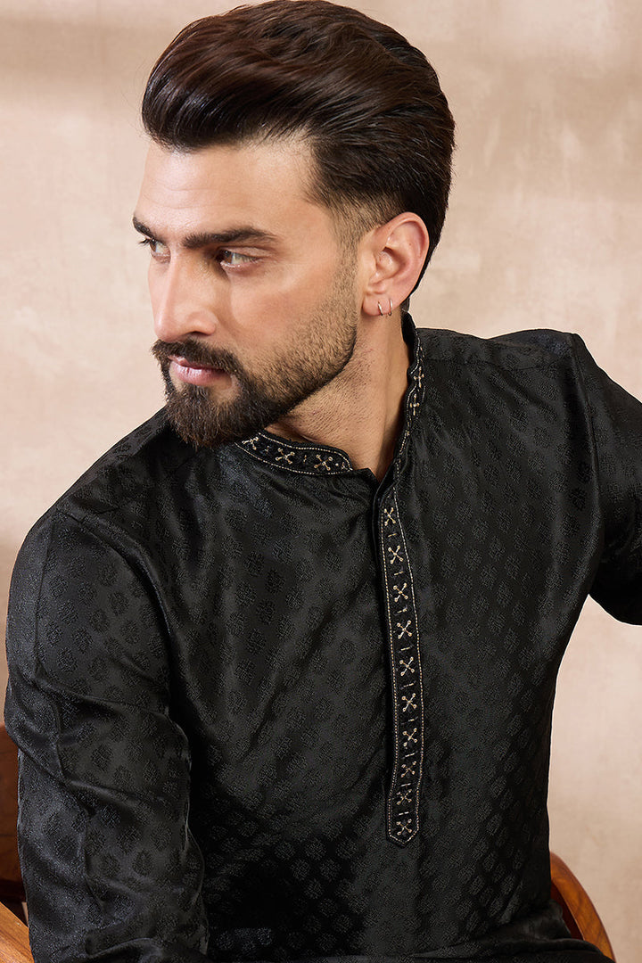 Black Silk Blend Solid Woven Design Straight Kurta With Trouser | SHOBITAM