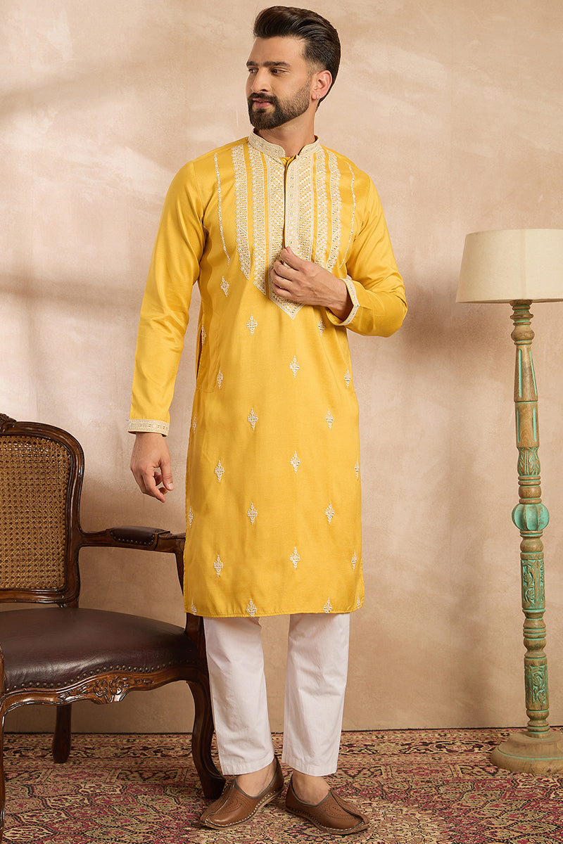 Yellow Silk Blend Geometric Embroidered Straight Kurta | SHOBITAM