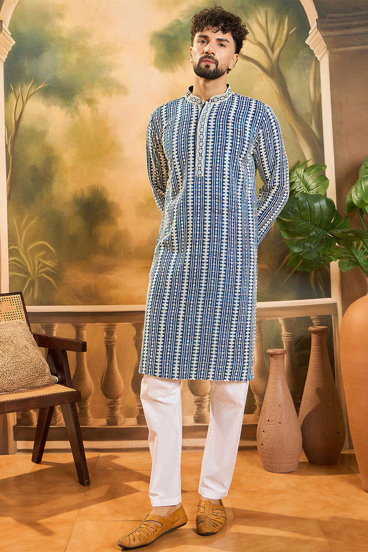 Blue Viscose Rayon Embroidered Straight Kurta | SHOBITAM
