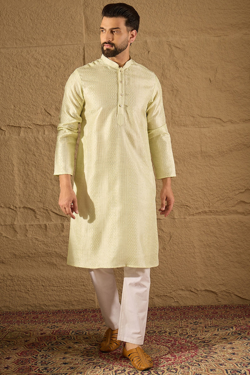 Green Silk Blend Solid Embroidered Straight Kurta with Trouser  | SHOBITAM
