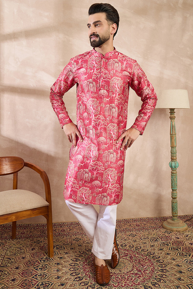 Pink Silk Blend Abstract Printed Straight Kurta For Men | SHOBITAM