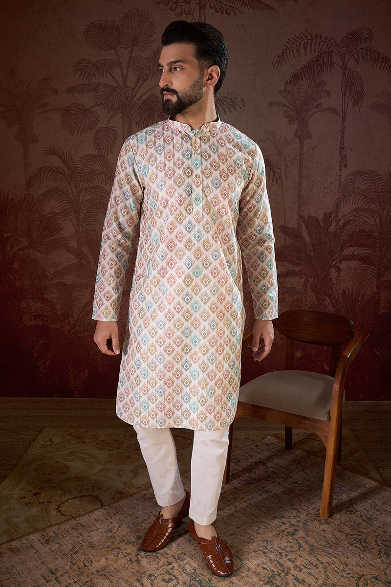 White Silk Blend Ethnic Motifs Printed Straight Kurta For Men | SHOBITAM
