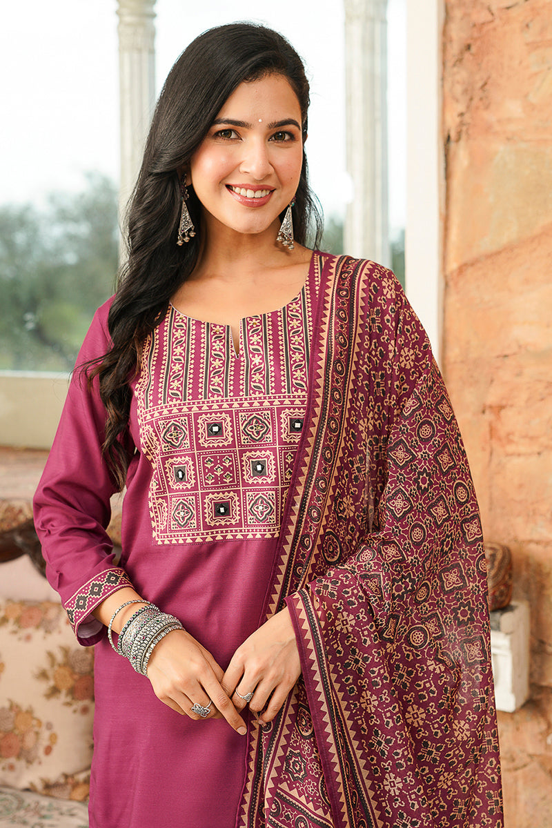 Purple Cotton Blend Ajrakh Printed Straight Kurta Trousers With Dupatta | SHOBITAM