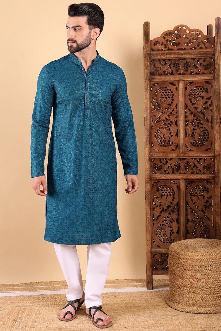 Teal Viscose Rayon Solid Embroidered Straight Kurta For Men| SHOBITAM