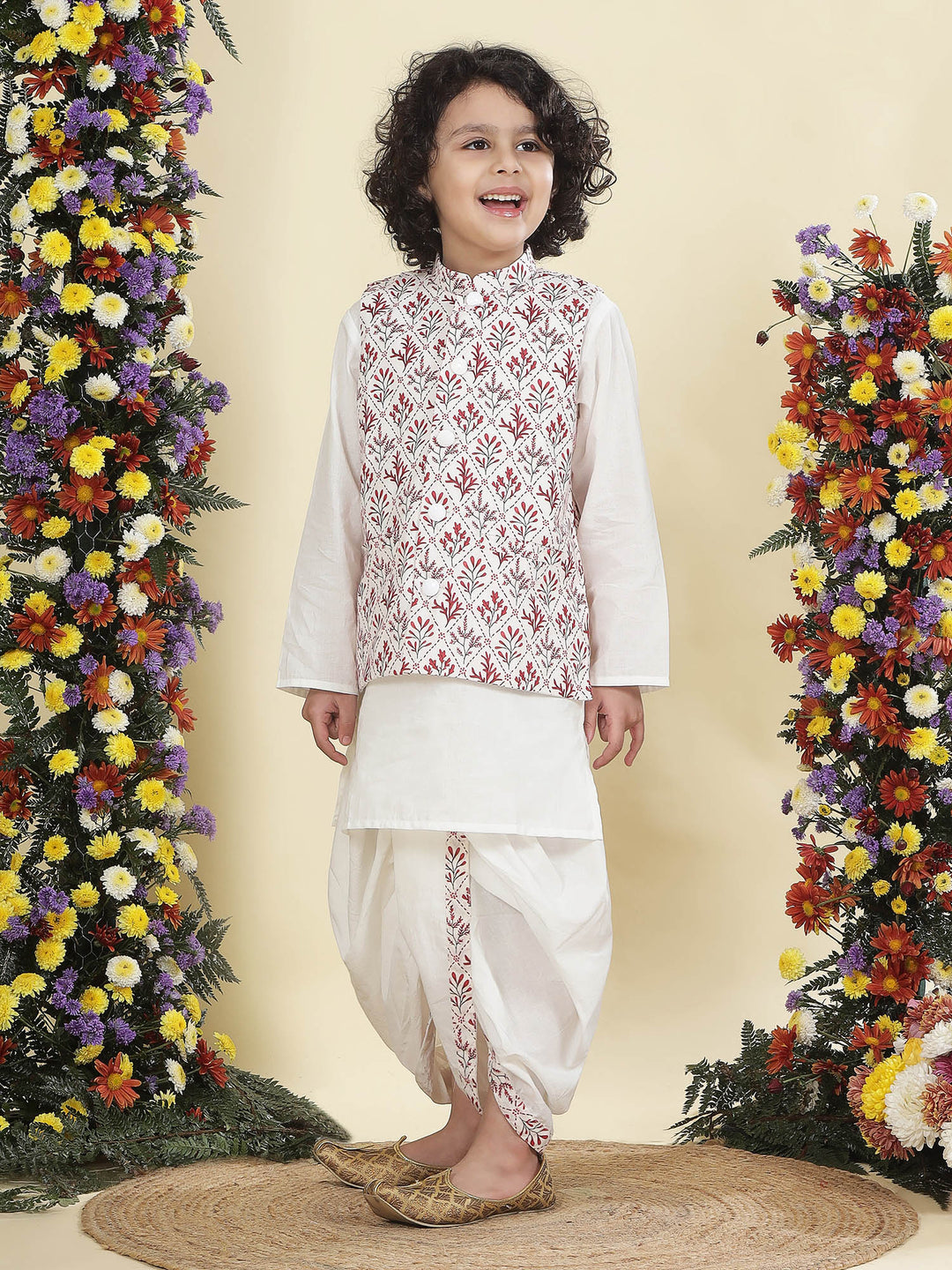 Cream Floral Nehru Jacket with Cotton Kurta Dhoti Set | SHOBITAM