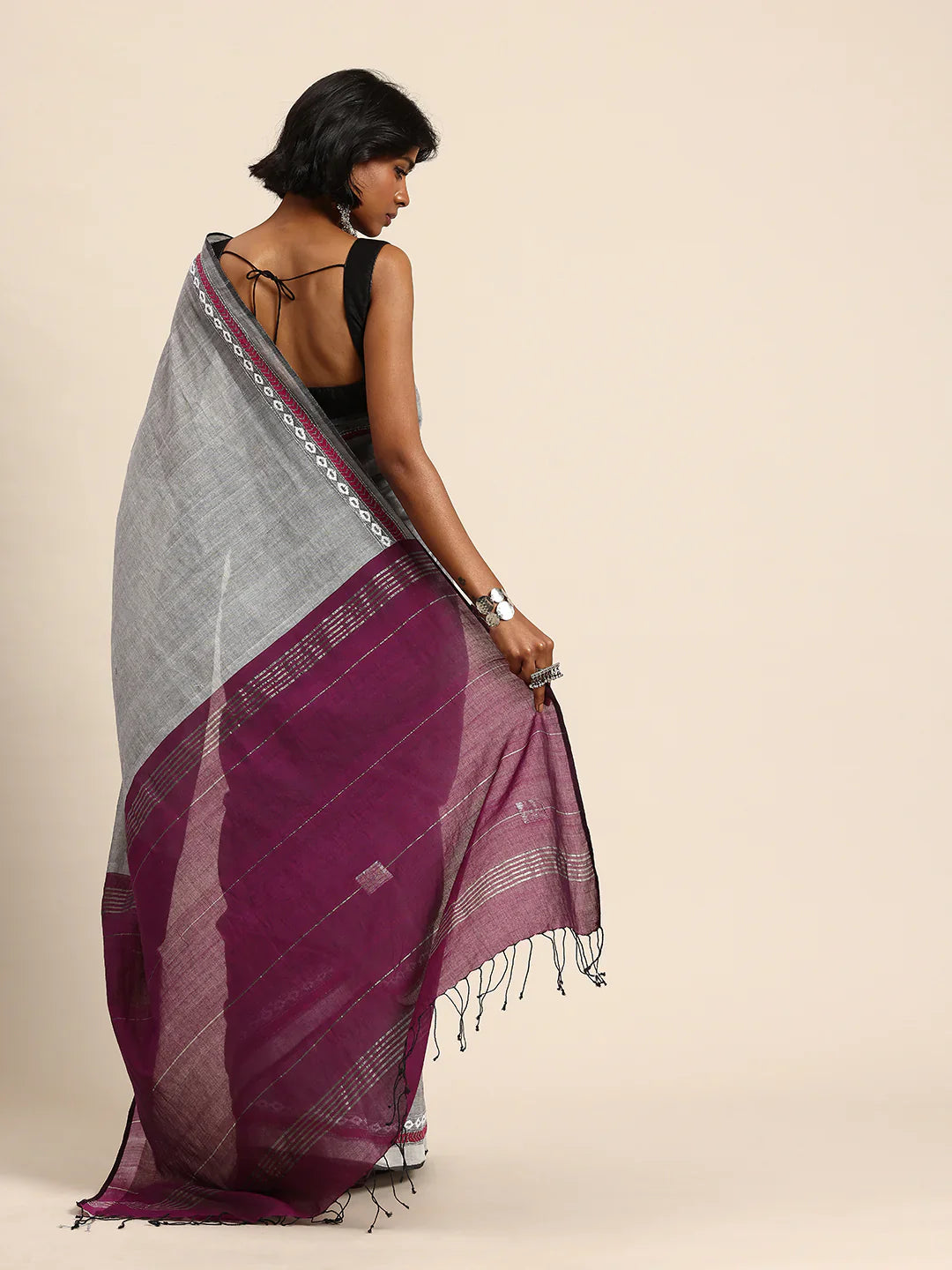 Handloom Grey Purple Cotton Kantha Saree