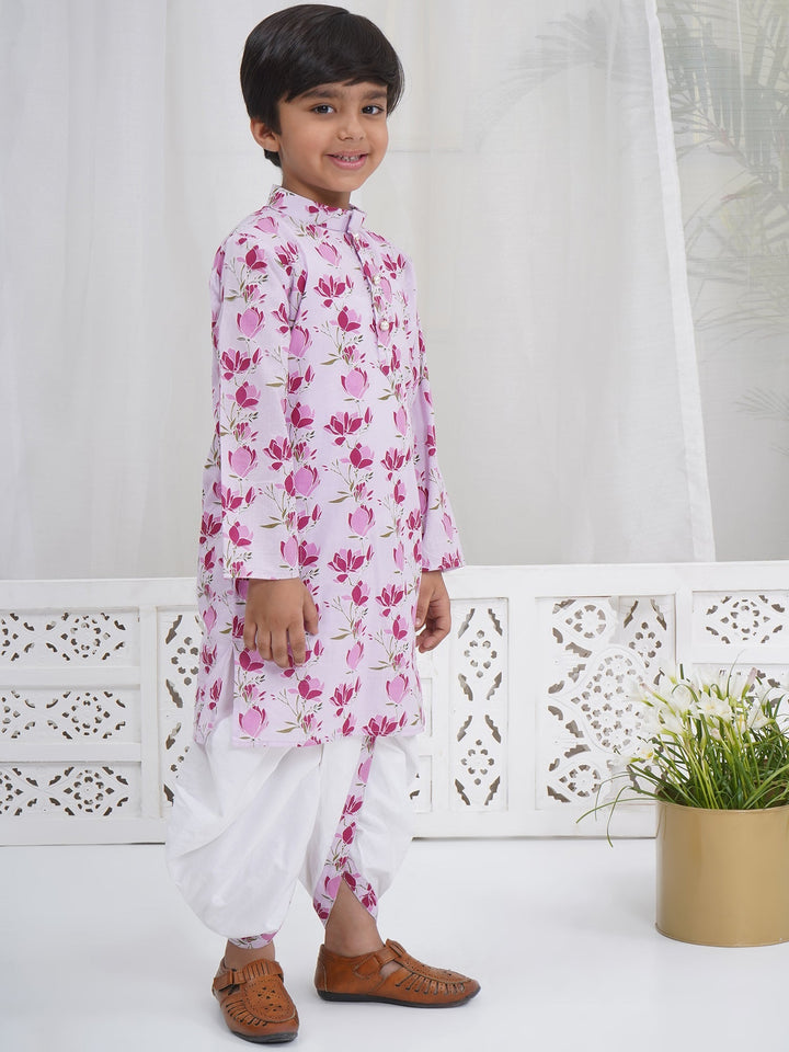 Boys Lavender Cotton Lotus Kurta Dhoti Set | SHOBITAM