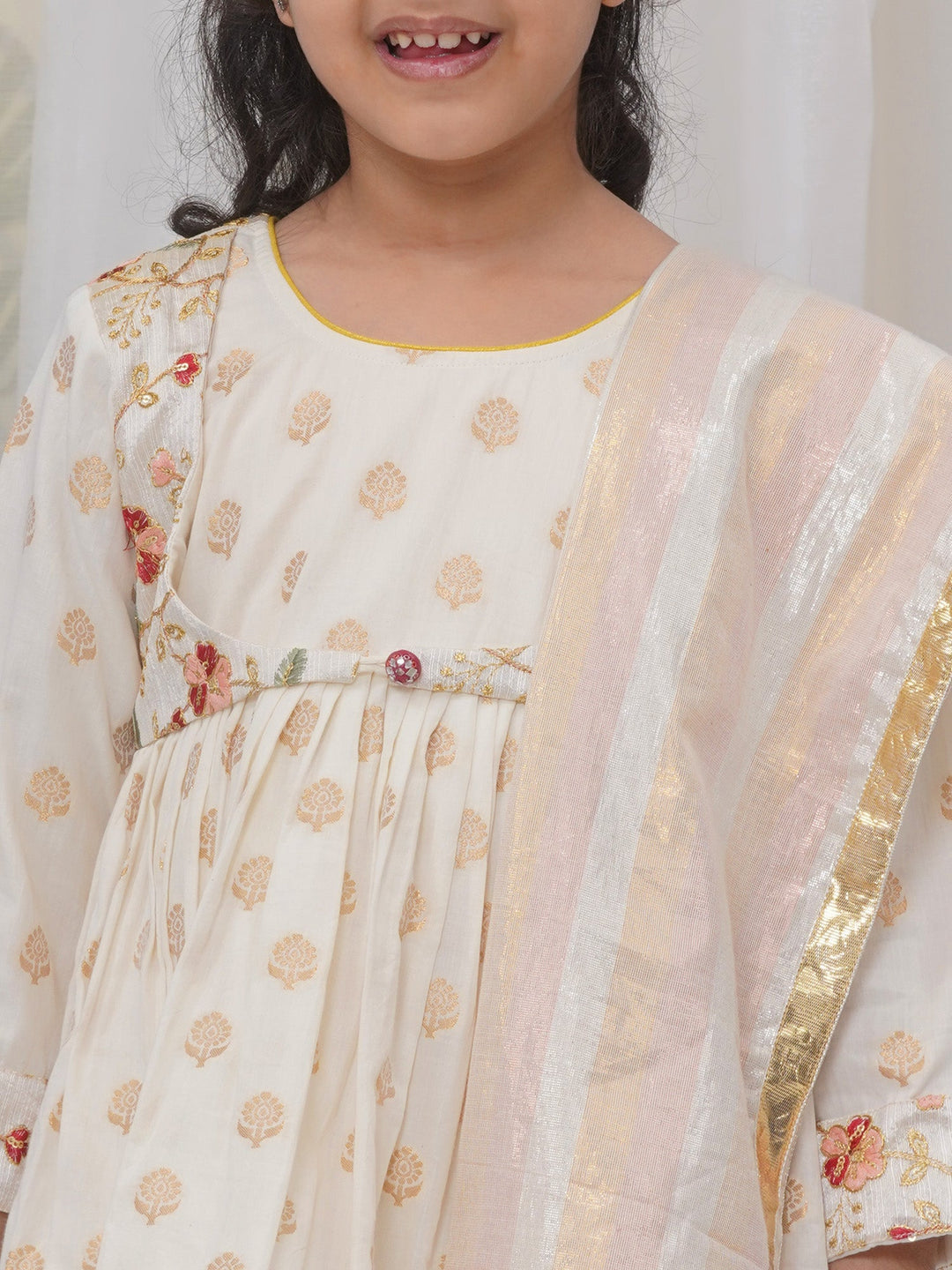 Girls Cotton Three Fourth Sleeves Frock Kurta with Sharara and Dupatta with Floral Embroidery & Zari Work - Cream | SHOBITAM
