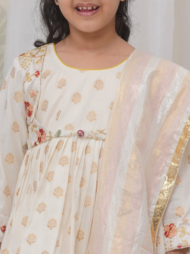 Girls Cotton Three Fourth Sleeves Frock Kurta with Sharara and Dupatta with Floral Embroidery & Zari Work - Cream | SHOBITAM