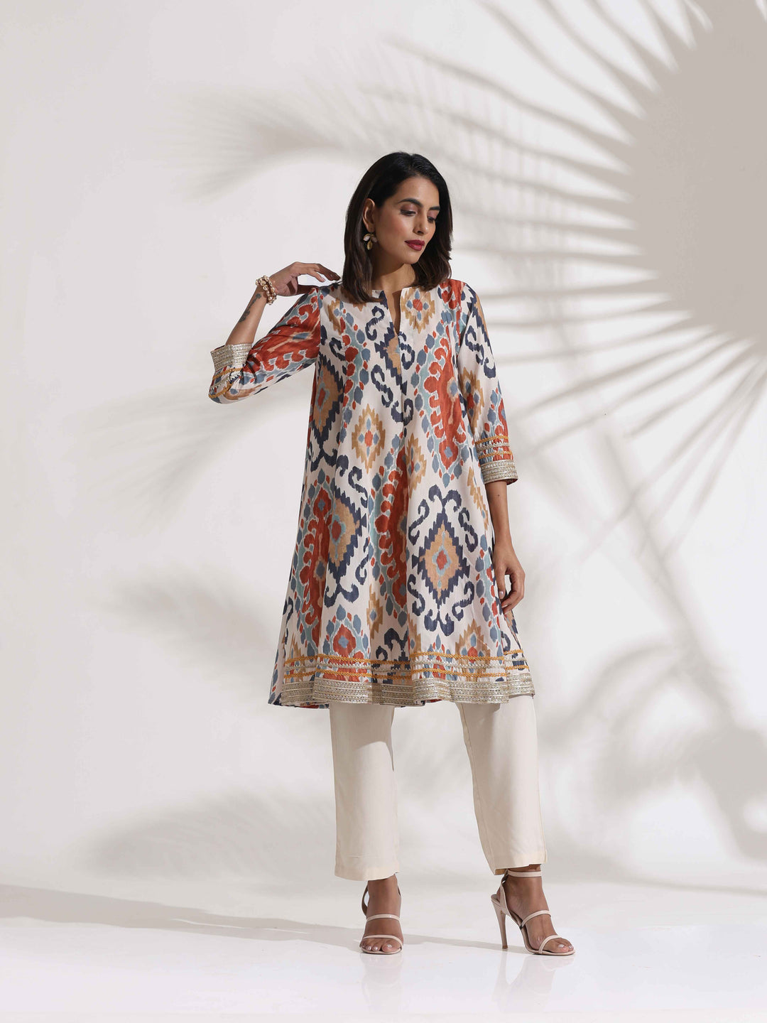 Off White Ikat Print Anarkali Kurta Co-ord Set | SHOBITAM