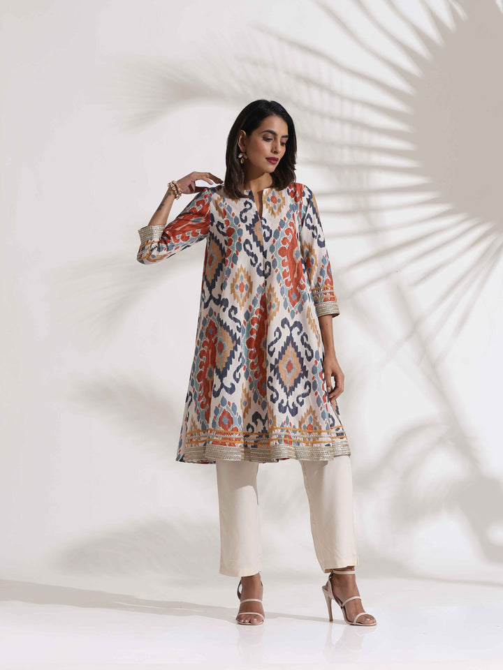 Off White Ikat Print Anarkali Kurta Co-ord Set | SHOBITAM
