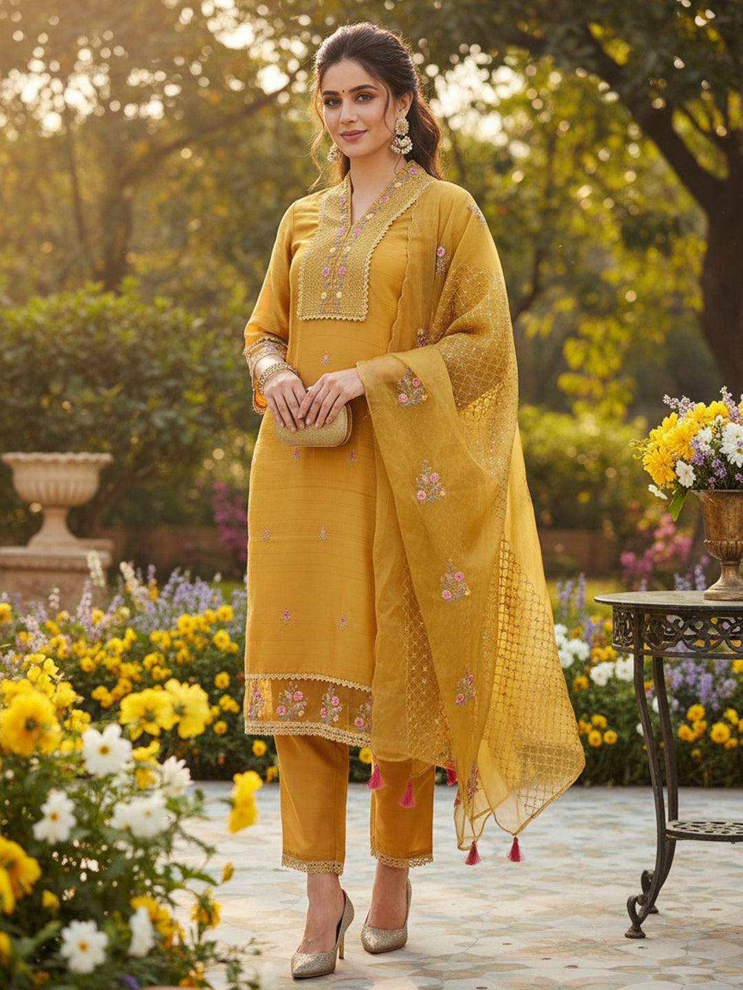 Mustard Yellow Silk Blend Floral Embroidered Straight Suit Set | SHOBITAM