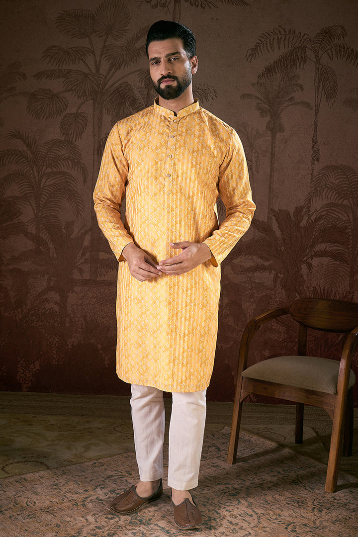 Yellow Silk Blend Ethnic Motifs Printed Straight Kurta For Men | SHOBITAM
