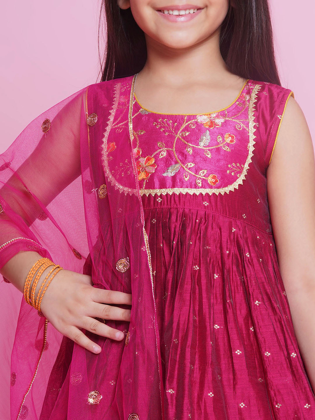 Chanderi Semi-Silk Sleeveless Floral & Zari Embrodiery Kurta Frock with Sharara and Dupatta - Hot Pink | SHOBITAM