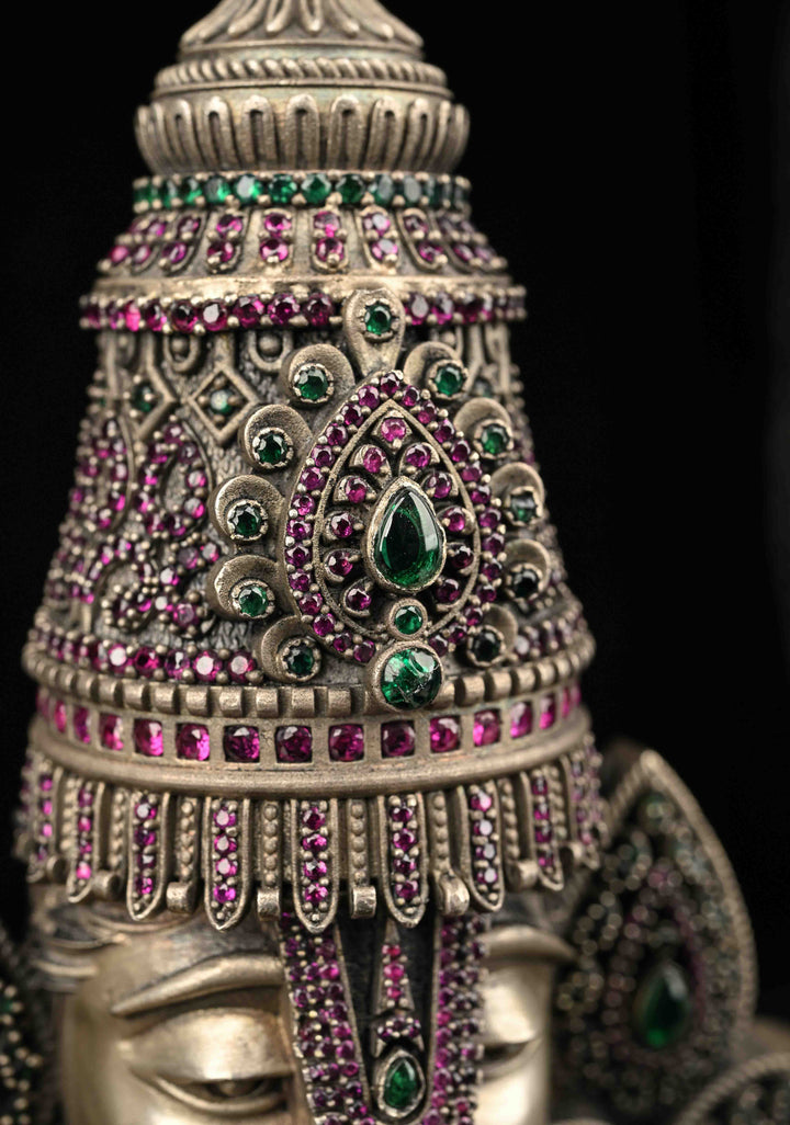 Pure 92.5 silver Tirupati idol with Antique Finish and Gemstones encrusted