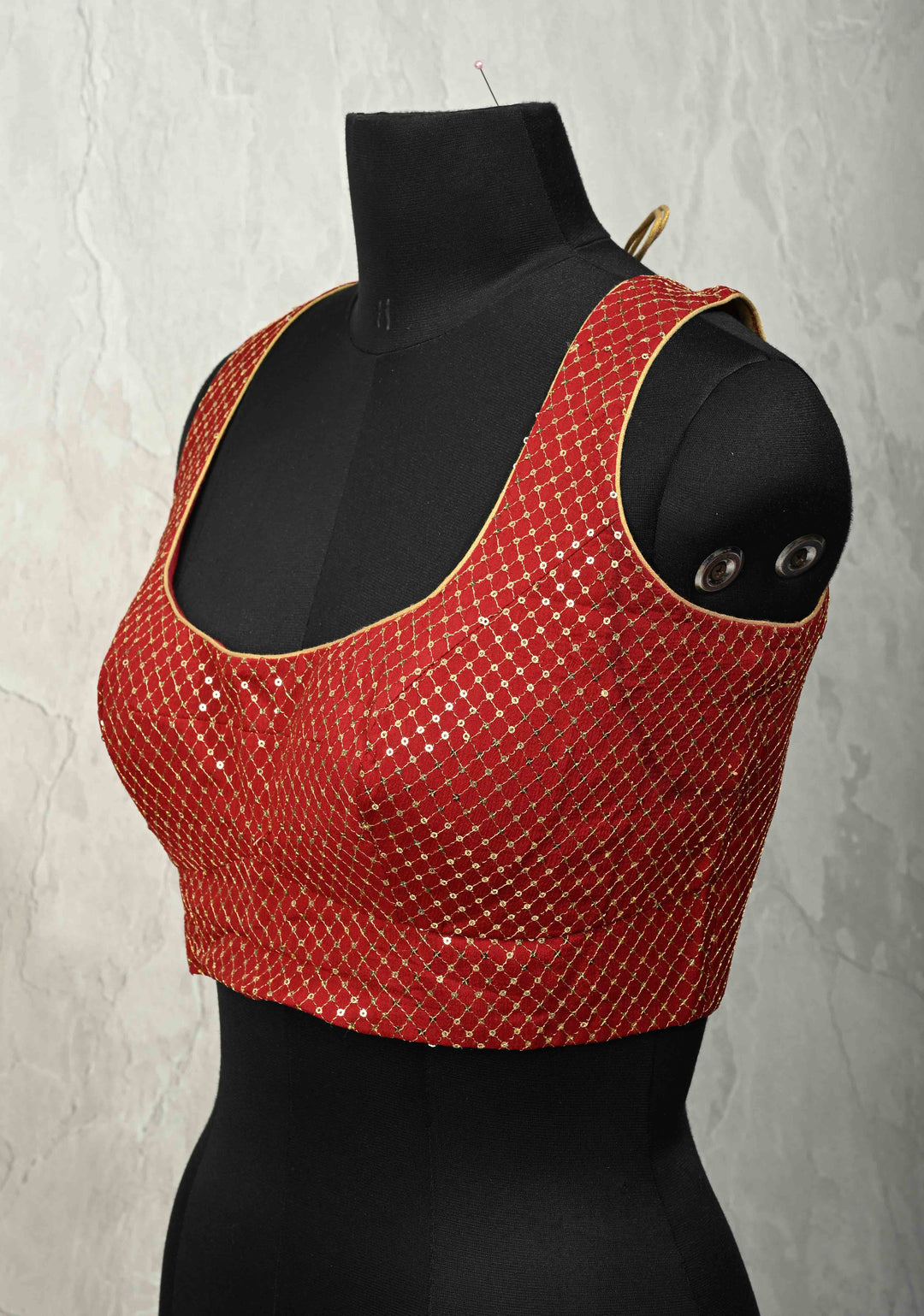 SIZE 40" Blood Red Deep U Neckline Blouse with Grid Sequins Detailing  Sleeveless Pattern
