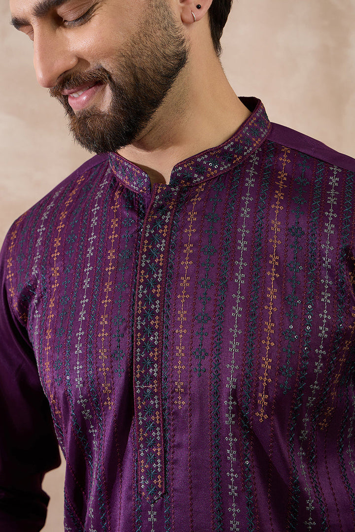 Purple Silk Blend Embroidered Mandarin Collar Straight Kurta With Trouser | SHOBITAM