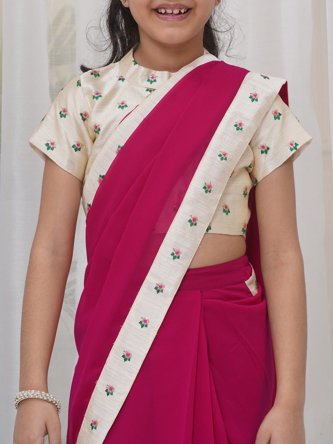 Girls Brocade Short Sleeves Sequin Floral Embroidery Ready to wear Blouse with Ready to wear Georgette Saree - Rani | SHOBITAM