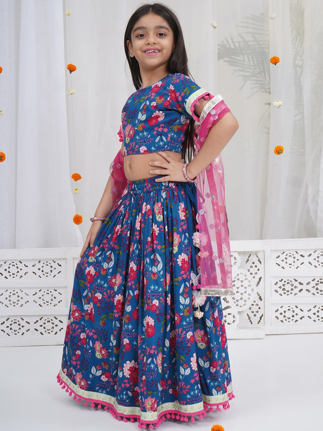 Girls Royal Blue Cotton Phoolon ki Bahar Lehenga Set | SHOBITAM