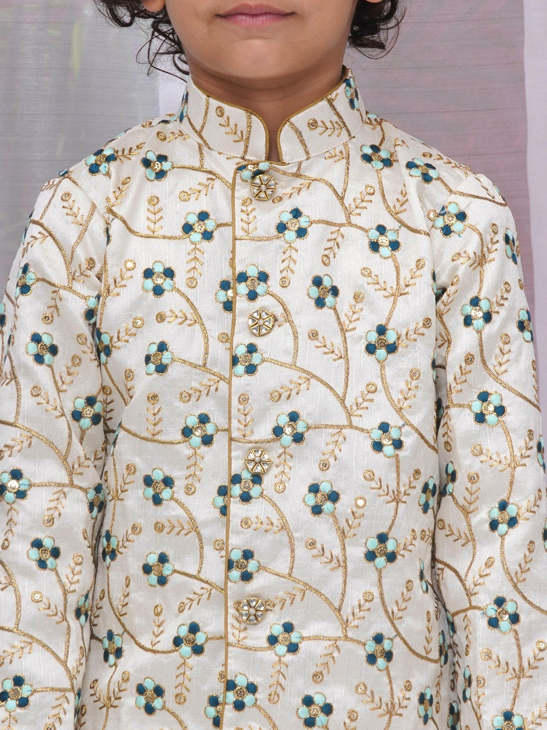 Boys Silk Brocade Full Sleeves Sherwani and Dhoti with Floral Embroidery & Kundan Buttons- Cream | SHOBITAM