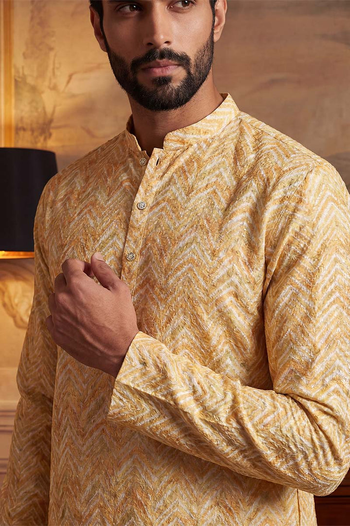 Yellow Linen Printed Straight Kurta With Trousers | SHOBITAM