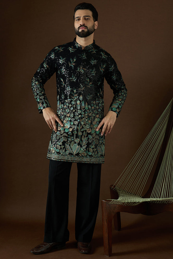 Black Silk Blend Solid Embroidered Straight Kurta | SHOBITAM