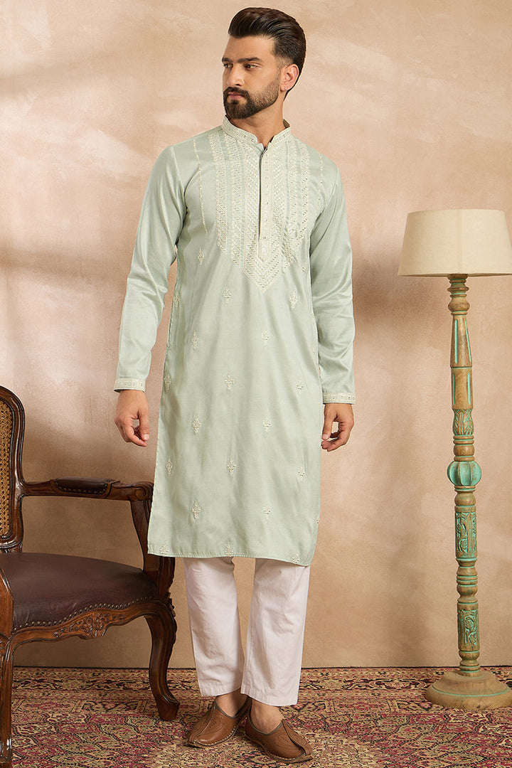 Green Silk Blend Geometric Embroidered Straight Kurta | SHOBITAM