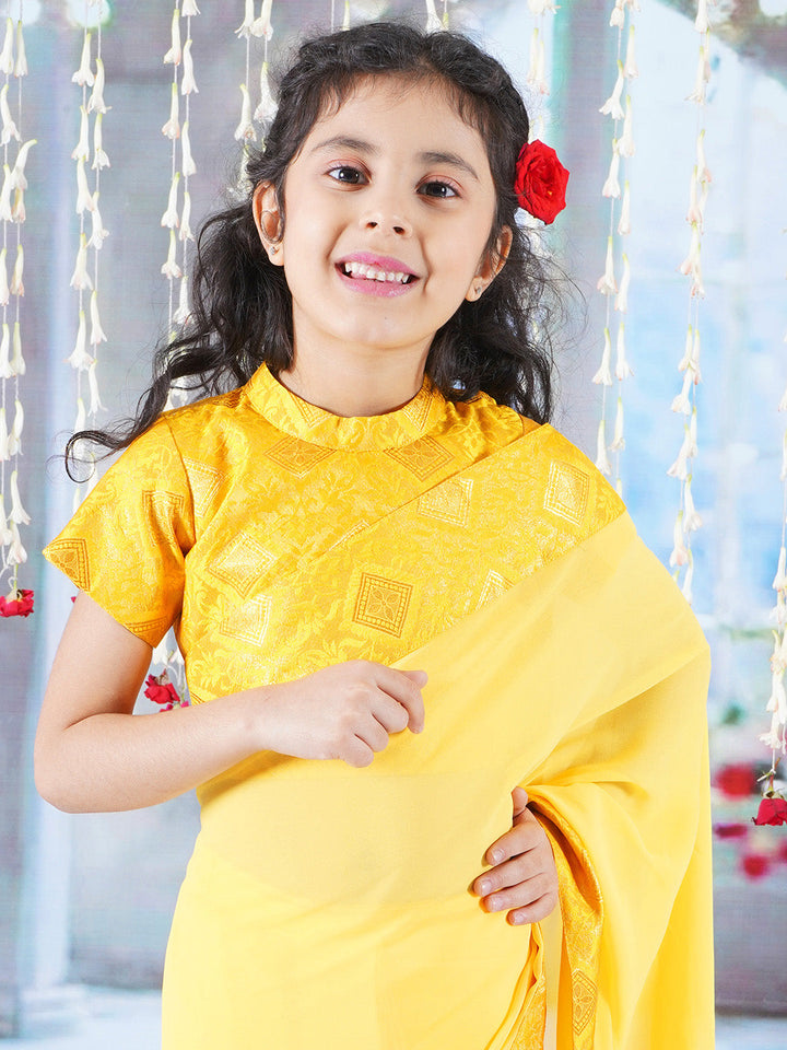 Floral Rangoli Blouse with Ready to wear Saree - Yellow | SHOBITAM