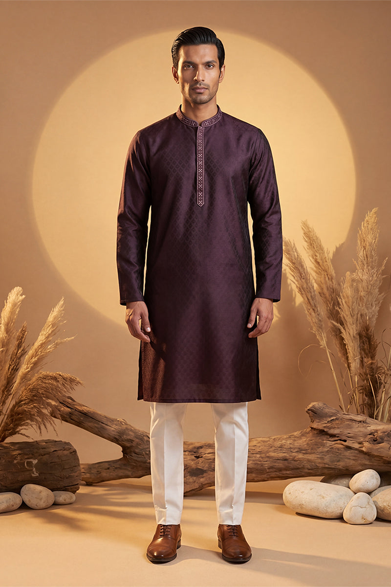 Mens Purple Silk Blend Woven Design Straight Kurta With Trouser | SHOBITAM