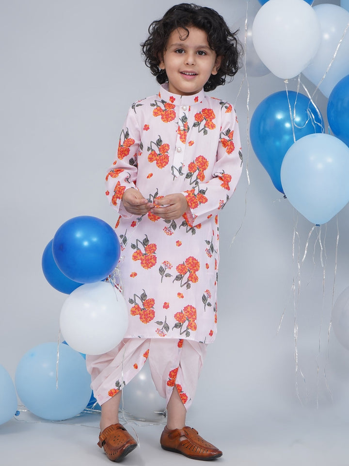 Boys Baby Pink Muslin Marigold Dhoti Kurta Set | SHOBITAM